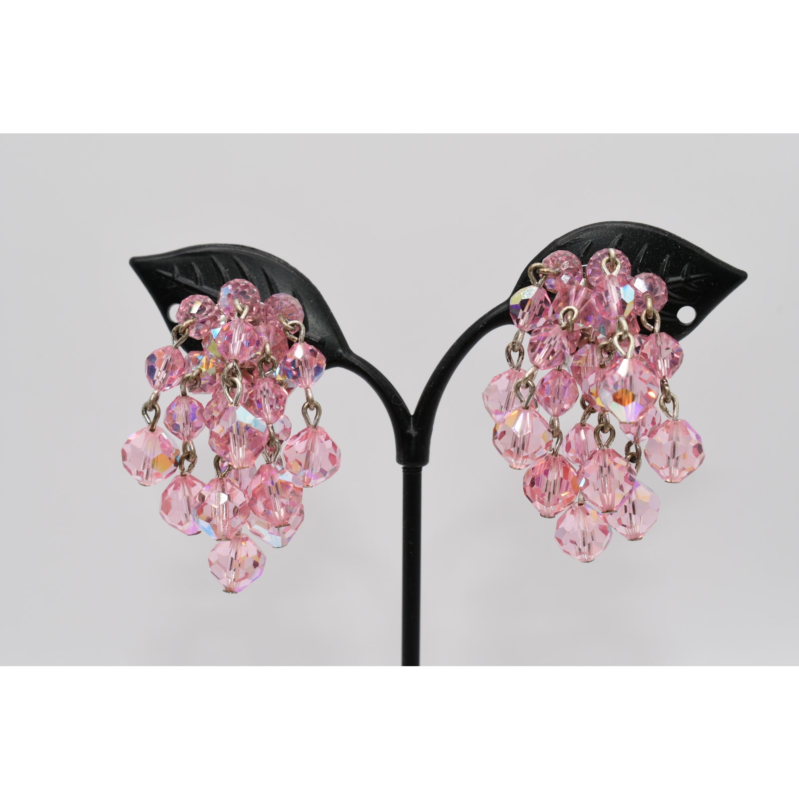 Vintage Laguna Pink Ab Crystal Waterfall Earrings Dangle Clip On